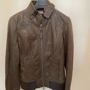 Mackage Gray/Military Green Leather Zip Front Bomber Jacket